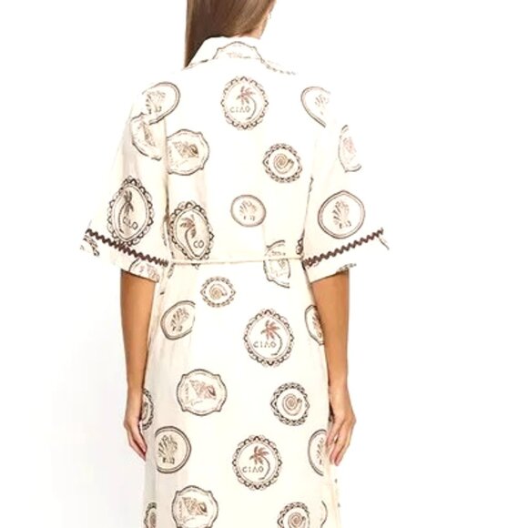 WOMENS SHORT SLEEVE MIDI DRESS LINEN AND POLETER BUTTON DOWN CIRCLE PRINT DRESS - Picture 2 of 6